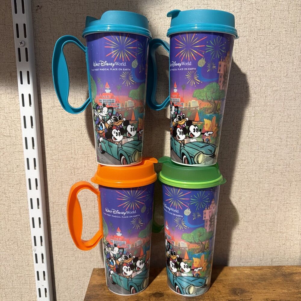 Lot Of 4 Walt Disney World Mug Set Mickey Mouse Goofy Donald Duck Travel Mugs